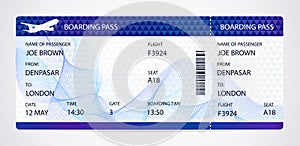 Boarding pass ticket, traveler check template with gift bow, aircraft airplane or plane silhouette on background