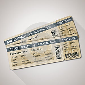 Boarding pass tickets template for a plane with passenger name and destination route