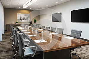 boardroom with long table, chairs, and dry-erase markers for brainstorming sessions