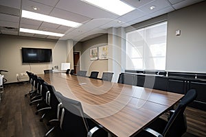 boardroom with long table, chairs, and dry-erase markers for brainstorming sessions