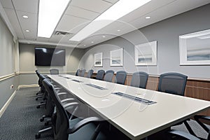 boardroom with long table, chairs, and dry-erase markers for brainstorming sessions