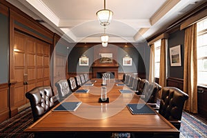 boardroom with long wooden table and leather chairs for formal meetings