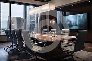 Boardroom scene illustrates the vision of success in the corporate world. AI Generated