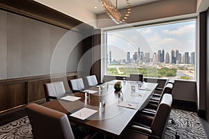 boardroom with view of bustling cityscape, perfect for discussing new business ventures