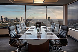 boardroom with view of bustling cityscape, perfect for discussing new business ventures