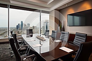 boardroom with view of bustling cityscape, perfect for discussing new business ventures