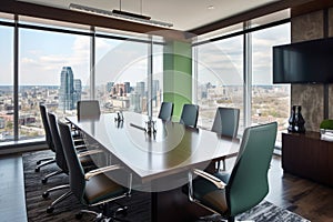 boardroom with view of bustling cityscape, perfect for discussing new business ventures