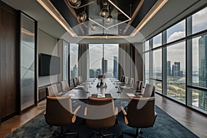 a boardroom with a view of the city skyline, for high-tech and professional meetings