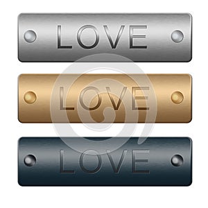Boards with LOVE text. silver, gold, blue colors