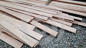 Boards with sawmill. Building material from wood, boards for construction