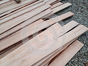 Boards with sawmill. Building material from wood, boards for construction