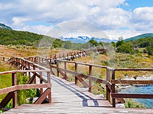 Boardwalk Arias port in Lapataia Bay in Terra del Fuego National