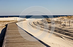 Boardwalk and beach buggy access to New Jersey beaches, Island Beach State Park, USA.