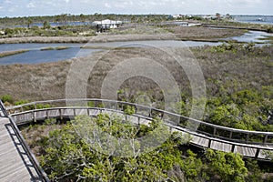 The Boardwalk in Big Lagoon State Park overlooking the recreation center at Big Lagoon State Park in Pensacola, Florida