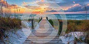 Boardwalk Leading to Beach at Sunset