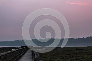 boardwalk leads out over eveing sunset colored wetlands and grass