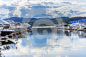 Boardwalk Marina Piers Boats Reflection Lake Coeur d`Alene Idaho