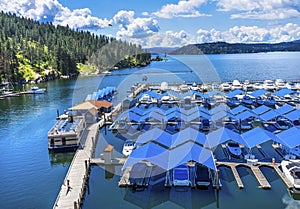 Boardwalk Marina Piers Boats Reflection Lake Coeur d`Alene Idaho photo