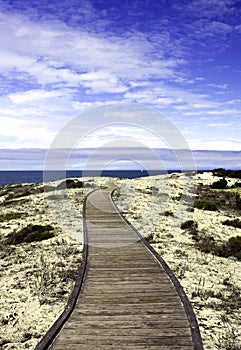 Boardwalk over sand dunes with blue sky