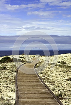 Boardwalk over sand dunes with blue sky and clouds