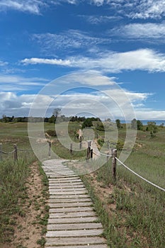 A boardwalk through sand dunes with grasses, shrubs and trees along Lake Michigan at Kohler Andrae State Park