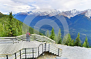 Boardwalk on Sulphur Mountain connecting Gondola landing.Gondola ride to Sulphur Moutain overlooks the Bow Valley and the town of