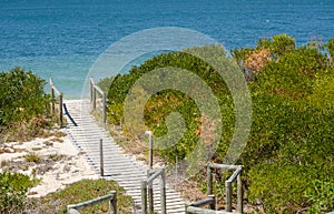 Boardwalk to the blue ocean beach with greenery trees alongside at Brighton le sands, Sydney, Australia.