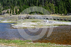 Boardwalk to explore Black Warrior Lake hydrothermal area, Yellowstone National Park, USA