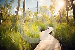 a boardwalk trail winding through a lush wetland reserve