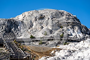 Boardwalks among the lower terraces of Mammoth Hot Springs termal area of Yellowstone National Park photo