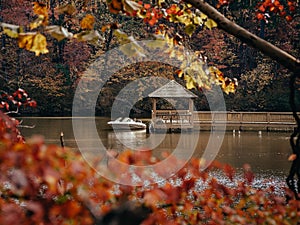 Boast at the dock on a lake in the foliage