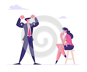 Boastful Businessman Demonstrate Muscles with Dollar Sing to Thoughtful Businesswoman Looking on him