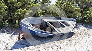 Boat abandoned on Italian beaches by immigrants who crossed the Mediterranean Sea. Migrants who come from African countries