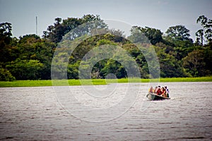 A boat in the amazon river jungle lagoon