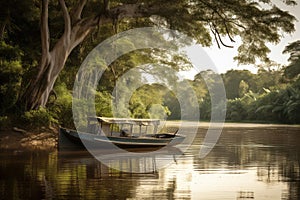 boat on the amazonas river, with tree canopy in the background