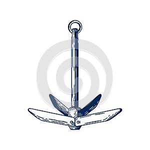 Boat anchor vector illustration. Holding ship in place construction, ship mooring item. Load, heaviness, liner and photo