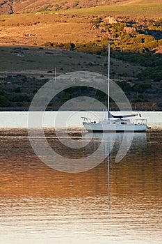 Boat Anchored in Tomales Bay at Sunset