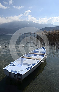 Boat on Annecy lake and mountains, landscape in Savoy