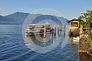 Boat approaching Cannero Riviera, Lake - lago - Maggiore, Italy.