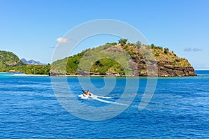 Boat approaching Naviti Island, Fiji