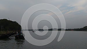 boat as means of transport in rural Indian village landscape in Jangipur, Murshidabad,