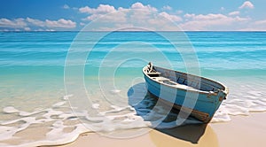 boat at the beach with oblivion blue wave photo