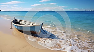 boat at the beach with oblivion blue wave photo