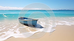 boat at the beach with oblivion blue wave photo