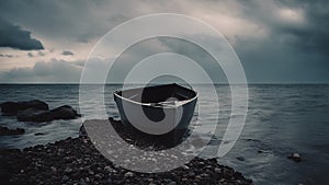 boat on the beach A scary paper boat sinking on a black sea with storms, rocks,