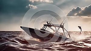 boat in the blood sea A scary dolphin jumping near a sinking boat, with storms,