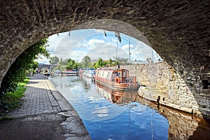 a boat on Brecon canal basin Powys Wales UK