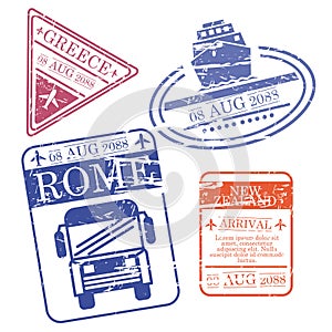 Boat and bus and airplane travel stamps greece rome new zealand in colorful silhouette