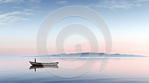 Boat on a calm blue lake with blue sky