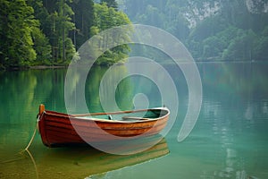 Boat on calm lake water with green trees in mist